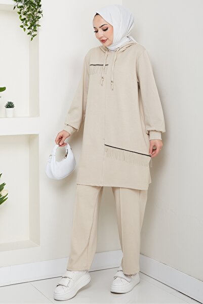 Bestenur Chain Detail Double Suit 1660 - Beige