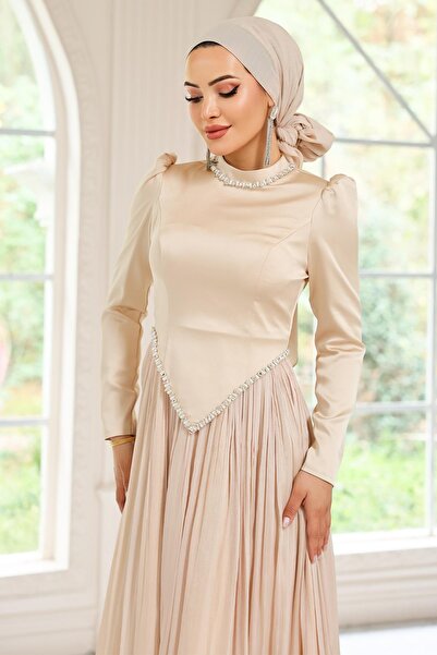 Olcay Steindetaillierter Rock, plissiertes Abendkleid aus Satin und Yoryo-Seide, CREAM 1046