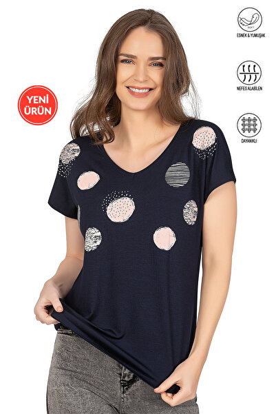 ÖZKAN underwear Özkan 25862 Women Navy Blue Vorteks Viscose Premium Fabric Knitted Blouse Front Printed V-Neck Short Sleeve