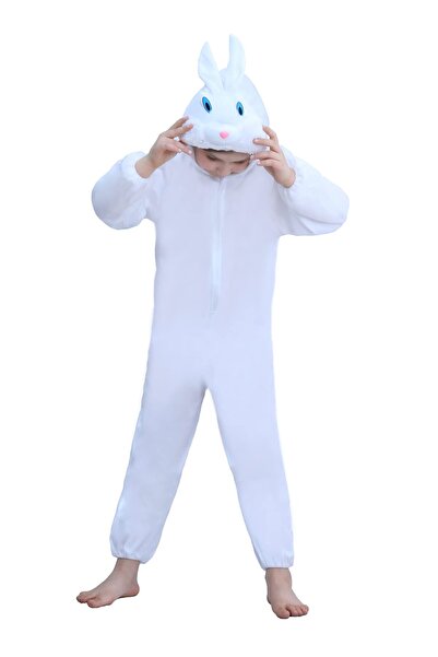 Toybox Kids White Rabbit Costume Jumpsuit with Hood, Animal Fancy Dress, Party Outfit, Size M(4-5 Years)