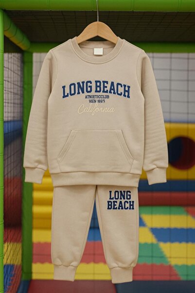 nazarbebe Long Beach Printed Children's Tracksuit Set 5-8 Years – 2 Threads, Comfortable Fit (Beige)