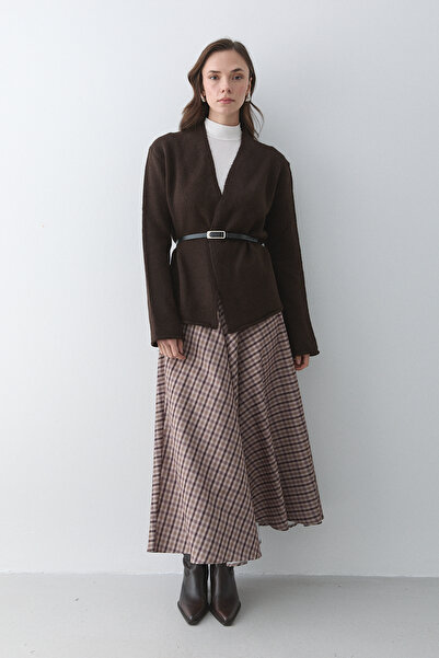 Laluvia Dark Brown Belted Cardigan - 241084