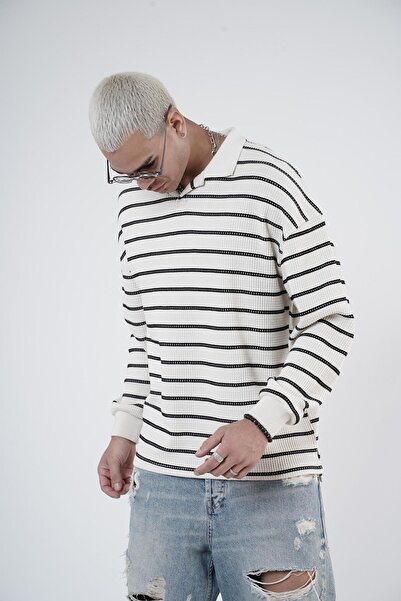 Butik Trend We Polo Neck Striped Oversize Fit Men's Knitwear Sweater