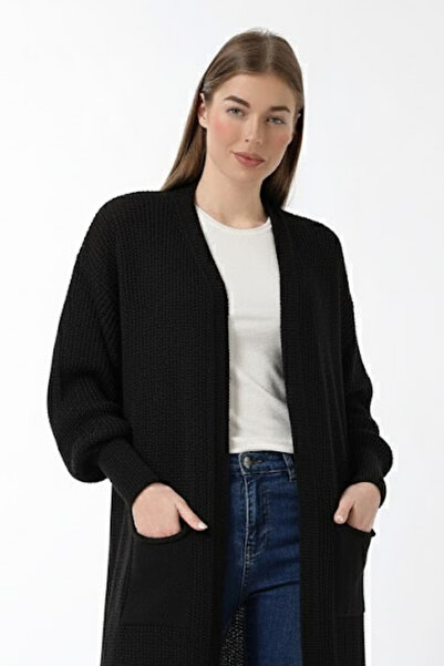 Marvine Women's Black Long Pocketed Oversized Model Knitwear Cardigan