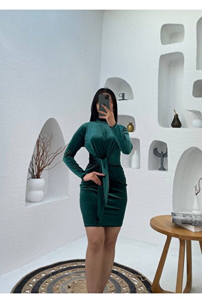 MY GRS KADİFE ÖNDEN BAĞLAMALI KISA ELBİSE