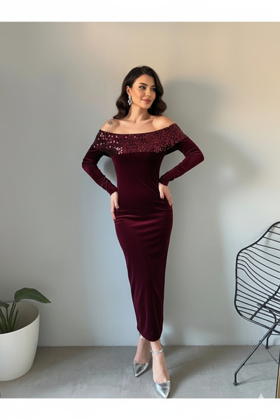 Marbella Γυναικείο φόρεμα με παγιέτες με βελούδινο γιακά Madonna, κομψό βραδινό φόρεμα για την Πρωτοχρονιά