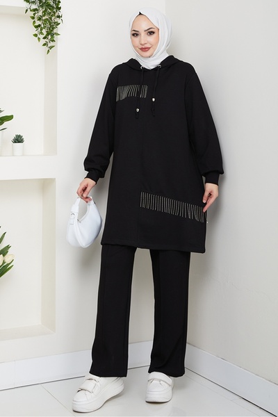 Bestenur Chain Detail Double Suit 1660 - Black