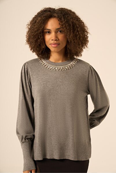 FTZ WOMEN Women's Stone Detailed Sweater Gray 25050