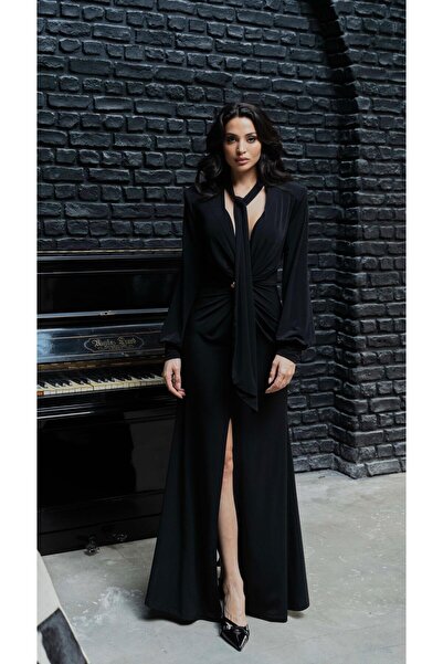 Serica Moda Siyah Şal Yaka Önü Tokalı Uzun Elbise