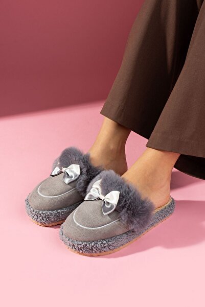 FUGA MODA Lufina Gray Bowknot Fur Collar Silent Sole House Slippers with Saddle Detail