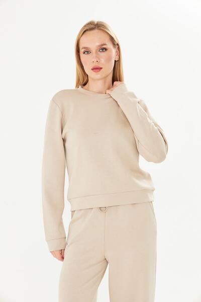 TRENDHİLL Women's Modal Fabric Comfortable Fit Tracksuit Set Beige 8510-B