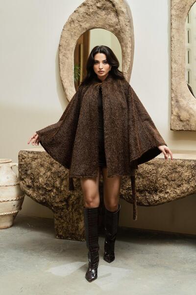Serica Moda Brown Single Button Belted Faux Fur Oversized Poncho