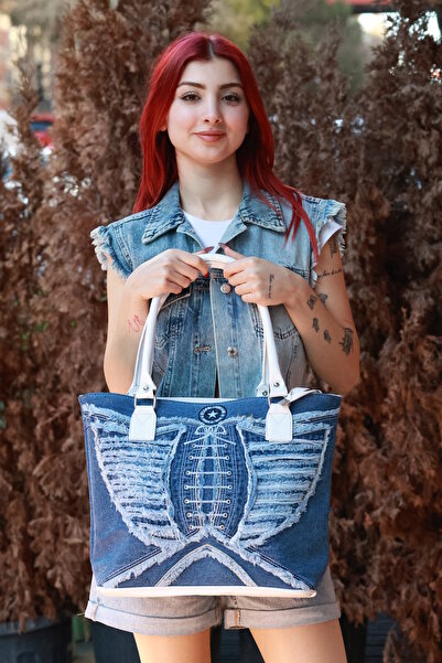 StarBlueMooN Denim Shoulder Bag Leather Handle Embroidery Design with Inner Pocket and Lining