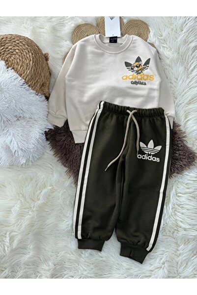 Teeny Weeny Kids Unisex Kids Printed Khaki Bottom and Top Tracksuit Set