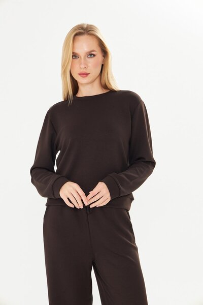 TRENDHİLL Women's Modal Fabric Comfortable Fit Tracksuit Set Brown 8510-K