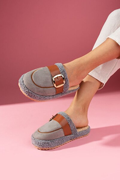 FUGA MODA Puffita Gray Gold Buckle Belted Silent Sole House Slippers with Saddle Detail