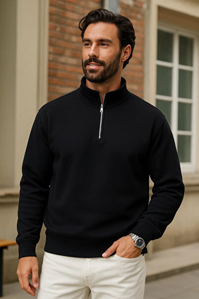 DAMGA JEANS Ανδρικό χειμερινό μαύρο φούτερ με oversized φερμουάρ