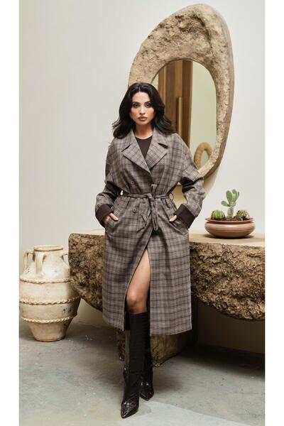 Serica Moda Brown Plaid Belted Lined Thin Coat