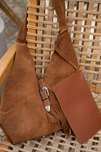 LAMİNTA Teby Taba Suede Women's Tasseled Genuine Leather Shopier Bag