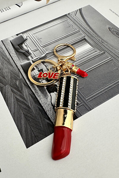 Modex Golden Yellow Stone Detail Red Lipstick Bag Accessory Keychain