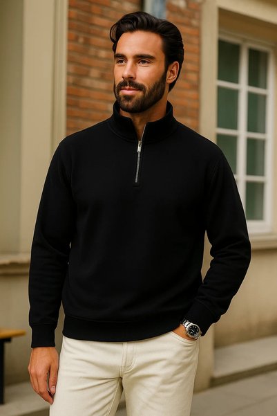 DAMGA JEANS Men's Winter Black Oversized Zippered Sweatshirt