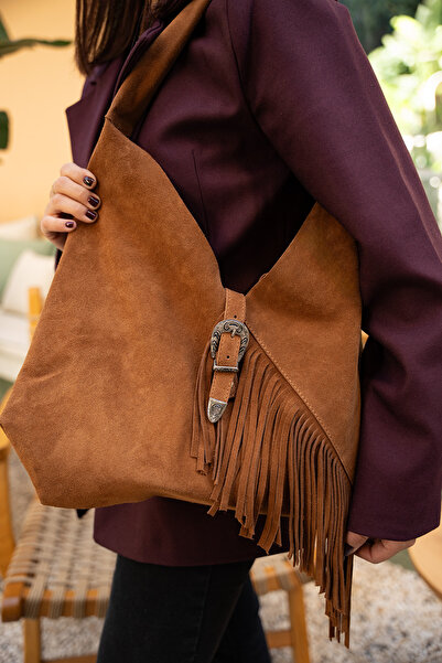 LAMİNTA Teby Taba Suede Women's Tasseled Genuine Leather Shopier Bag