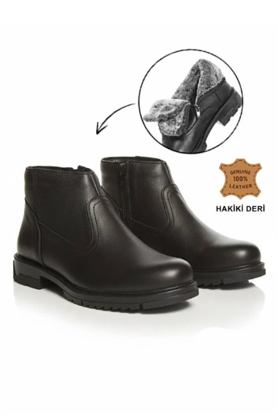 SHOUGO Genuine Leather Inside Wool Fur Black Winter Men's Zippered Boots