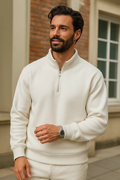 DAMGA JEANS Hanorac alb de iarnă pentru bărbați cu supradimensionat fermoar t...