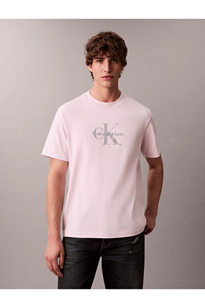 Calvin Klein Men's Regular Fit Round Neck Ck Logo Printed Cotton Short Sleeve Pink T-Shirt Lv04Rb862G-Tn9
