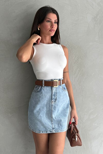 Ulino Mavi Yüksek Bel Mini Kemerli Denim Etek