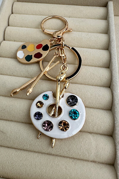 Modex White Palette Bag Accessory Keychain with Golden Brush Detail and Colored Stones