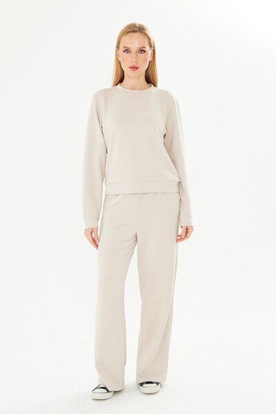 TRENDHİLL Women's Modal Fabric Comfortable Fit Tracksuit Set Stone 8510-t