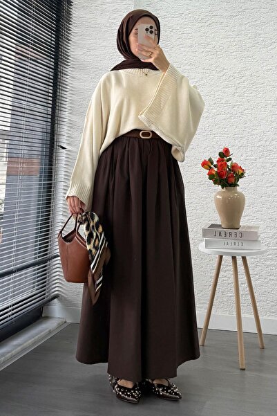 MELEK ARAZ Ribbed Detailed Pocketed Poplin Skirt – Brown