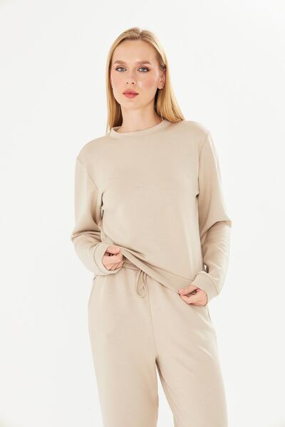 TRENDHİLL Women's Modal Fabric Comfortable Fit Tracksuit Set Beige 8510-B