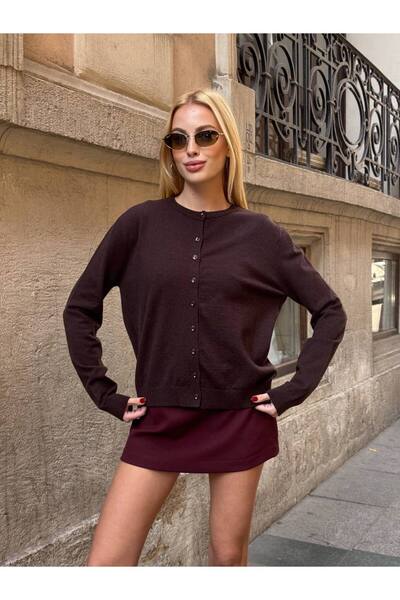 Le Savu Trend Model Brown Knitwear Fabric Button Detailed Cardigan