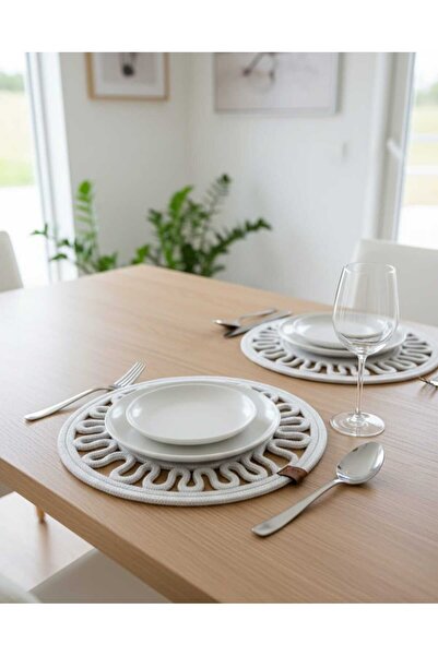 MTG JÜT TASARIM Kırık Beyaz Yuvarlak Model Desenli Jüt Amerikan Servis (Supla...