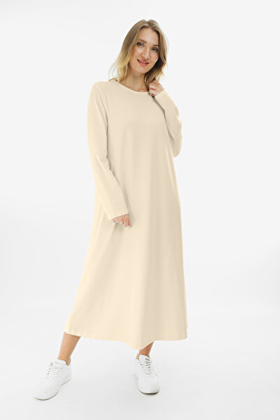 Almila Long Sleeve Long Combed Cotton Dress with Crew Neck 2031