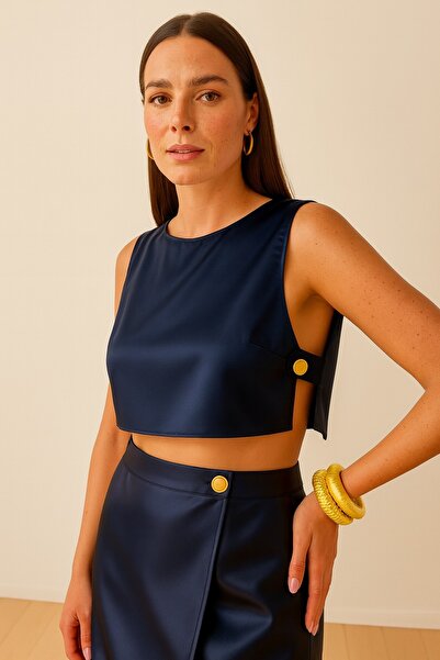 NSMLİFE Navy Blue Satin Crop Blouse with Side Buttons – Everyday & Special Occasion Combinations