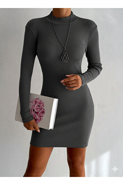 MaxiMor Women's Flexible Ribbed Knit Fabric Mock Neck Long Sleeve Office Dress Length 90 cm