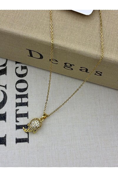 Hedef Bijuteri Steel Gold Colored Zircon Stone Dolphin Model Necklace