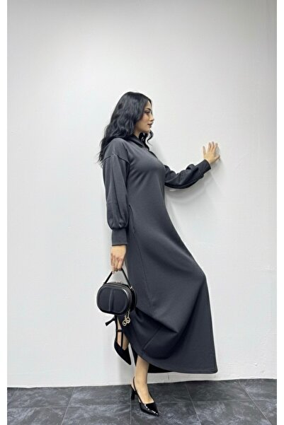 SHEZAN MODA فستان نسائي رمادي اللون بجيوب بغطاء رأس بقصة مريحة وثلاث خيوط BB-...