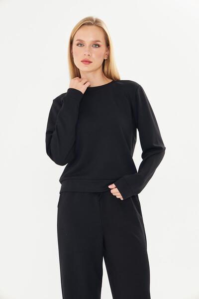 TRENDHİLL Women's Modal Fabric Comfortable Fit Tracksuit Set Black 8510-S