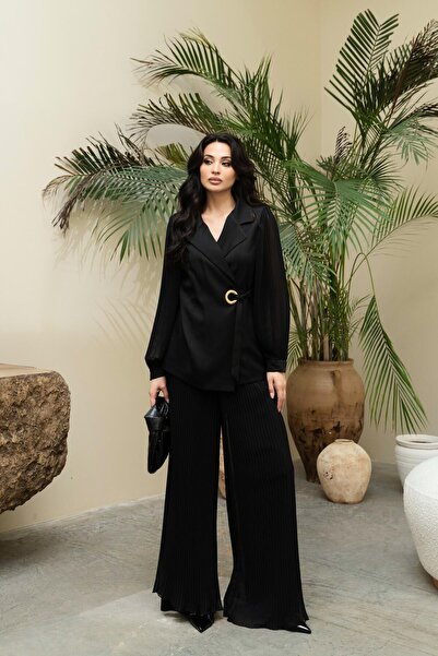 Serica Moda Black Double-Breasted Cut Pleated Chiffon Jacket Pants Set