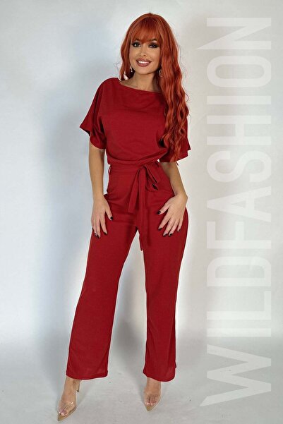 WildFashion Casual/elegant short-sleeved jumpsuit made of lightweight material, burgundy X19RR-81