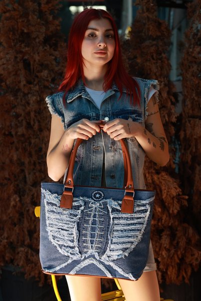 StarBlueMooN Denim Shoulder Bag Leather Handle Embroidery Design with Inner Pocket and Lining