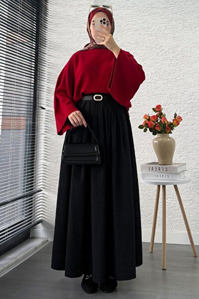 MELEK ARAZ Ribbed Detailed Pocketed Poplin Skirt – Black