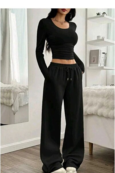 DEEP FİT Black Baggy Straight Leg Trackpants