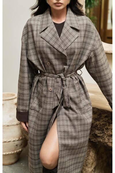 Serica Moda Brown Plaid Belted Lined Thin Coat