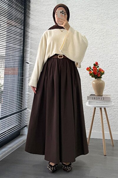 MELEK ARAZ Ribbed Detailed Pocketed Poplin Skirt – Brown