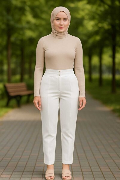 ECK MODA Women's Crepe Fabric Pleated Elastic Waist Trousers